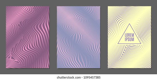 Cover Design Templates Set with Wavy Stripes in Modern Style. Abstract Backgrounds with Distortion of Geometric Shapes. Trendy Covers with Text and Gradient for Brochure, Magazine, Presentation, Book