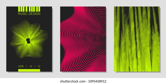 Cover Design Templates Set with Wavy Stripes in Modern Style. Movement. Abstract Backgrounds with Distorted Flow Lines and Text. Trendy Covers for Brochure, Magazine, Presentation, Music Poster, Book.