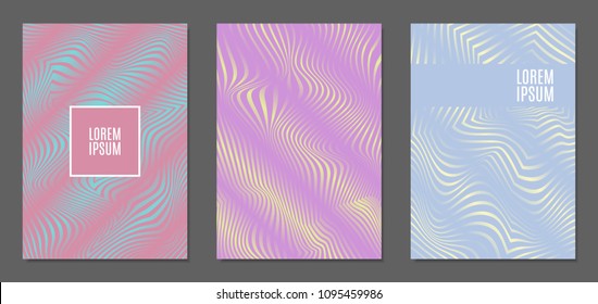 Cover Design Templates Set with Wavy Stripes in Modern Style. Abstract Backgrounds with Distortion of Geometric Shapes. Trendy Covers with Text and Gradient for Brochure, Magazine, Presentation, Book