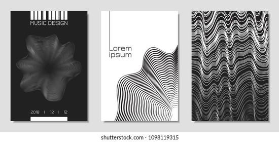 Cover Design Templates Set with Wavy Stripes in Modern Style. Movement. Abstract Backgrounds with Distorted Flow Lines and Text. Trendy Covers for Brochure, Magazine, Presentation, Music Poster, Book.