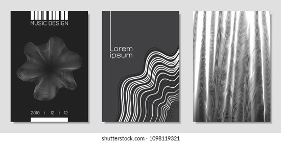 Cover Design Templates Set with Wavy Stripes in Modern Style. Movement. Abstract Backgrounds with Distorted Flow Lines and Text. Trendy Covers for Brochure, Magazine, Presentation, Music Poster, Book.