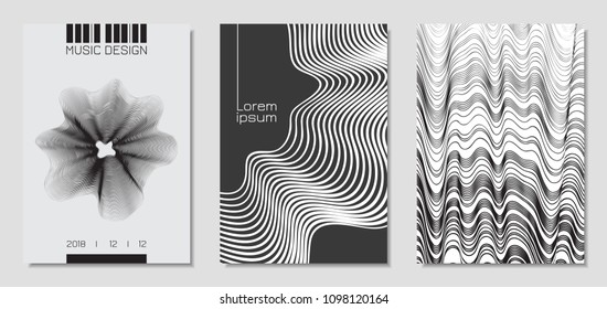 Cover Design Templates Set with Wavy Stripes in Modern Style. Movement. Abstract Backgrounds with Distorted Flow Lines and Text. Trendy Covers for Brochure, Magazine, Presentation, Music Poster, Book.
