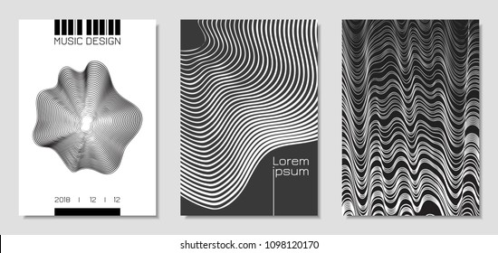 Cover Design Templates Set with Wavy Stripes in Modern Style. Movement. Abstract Backgrounds with Distorted Flow Lines and Text. Trendy Covers for Brochure, Magazine, Presentation, Music Poster, Book.