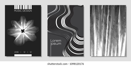 Cover Design Templates Set with Wavy Stripes in Modern Style. Movement. Abstract Backgrounds with Distorted Flow Lines and Text. Trendy Covers for Brochure, Magazine, Presentation, Music Poster, Book.