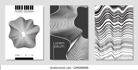 Plantillas de diseño de portada con bandas onduladas en estilo moderno. Movimiento. Fondos abstractos con líneas de flujo y texto distorsionados. Tapas de moda para Folletos, Revista, Presentación, Afiche Musical, Libro.