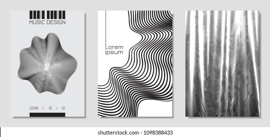 Cover Design Templates Set with Wavy Stripes in Modern Style. Movement. Abstract Backgrounds with Distorted Flow Lines and Text. Trendy Covers for Brochure, Magazine, Presentation, Music Poster, Book.