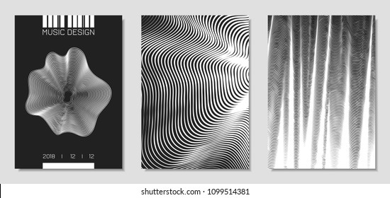 Cover Design Templates Set with Wavy Stripes in Modern Style. Movement. Abstract Backgrounds with Distorted Flow Lines and Text. Trendy Covers for Brochure, Magazine, Presentation, Music Poster, Book.