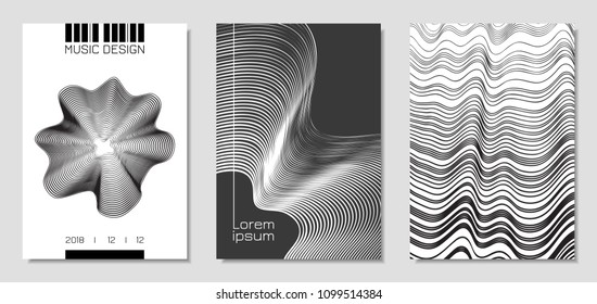 Cover Design Templates Set with Wavy Stripes in Modern Style. Movement. Abstract Backgrounds with Distorted Flow Lines and Text. Trendy Covers for Brochure, Magazine, Presentation, Music Poster, Book.