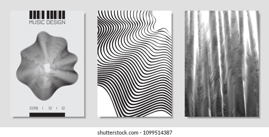 Cover Design Templates Set with Wavy Stripes in Modern Style. Movement. Abstract Backgrounds with Distorted Flow Lines and Text. Trendy Covers for Brochure, Magazine, Presentation, Music Poster, Book.