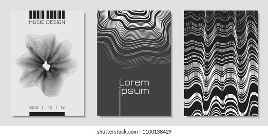 Cover Design Templates Set with Wavy Stripes in Modern Style. Movement. Abstract Backgrounds with Distorted Flow Lines and Text. Trendy Covers for Brochure, Magazine, Presentation, Music Poster, Book.