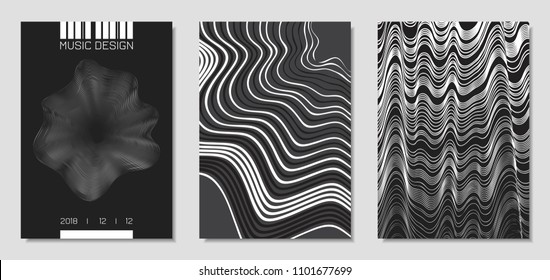 Cover Design Templates Set with Wavy Stripes in Modern Style. Movement. Abstract Backgrounds with Distorted Flow Lines and Text. Trendy Covers for Brochure, Magazine, Presentation, Music Poster, Book.