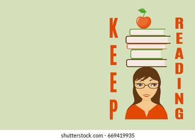 Cover design with text Keep reading, girl and books on her head for cover of tutorial, book, notebook, copybook. Cover A5 template with back. EPS 10.
