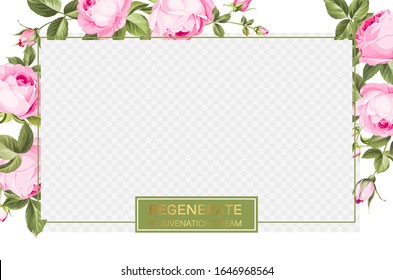 Cover design, transparent product package window, and blossom rose flower border. Regenerate cream label design with pink rose bloomings. Template of beauty skincare design over the tropical border.