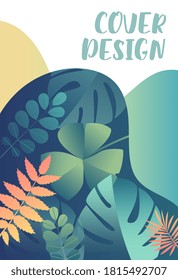 Cover Design tropical leaves template on an abstract background in muted shades of green, orange and yellow, colored vector illustration