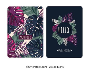Cover design with tropical pattern. Hand drawn plants. Modern artistic background with herbs. Invitation, greeting card, cover book, notebook. Size A4. Vector illustration