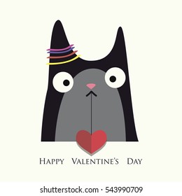 The cover design for Valentine's Day.The cat with red heart on the white background.In the bottom of the image the phrase Happy Valentine's day.