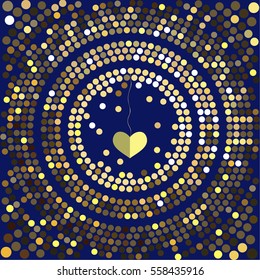 Cover design for Valentine's day. Decorative heart hanging in the center of the cards on the blue background.The depicted circles of different colors mimicking the effect of the glitter.