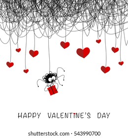 The cover design for the Valentine's day.The spider with the gift,and the red hearts are hanging on the spider web on the white background.In the bottom of the image the phrase Happy Valentine's day.