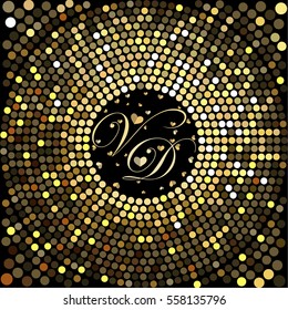Cover design for Valentine's day.Decorated letters V and D with a lots of little hearts on the black background.The depicted circles of different colors mimicking the effect of the glitter.