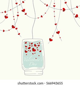 Cover design for the Valentine's Day.Garland with the decorative hearts and glass jar with lots of hearts and the phrase Valentine's day inside on the blue background.