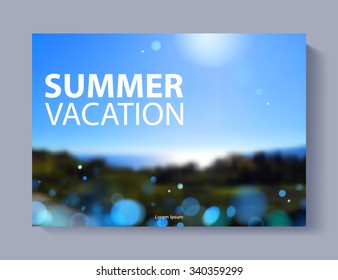Cover design vector illustration - travel theme. Brochure, flayer, poster, booklet, magazine concept. Nature lanscape with sea and sky view with blue lights. Summer vacation.
