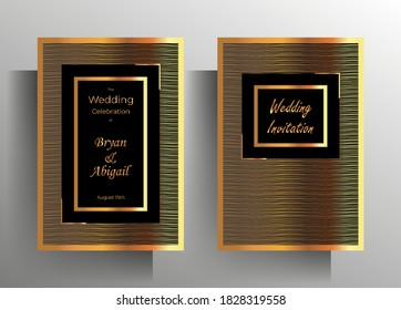 Cover design wedding invitation template set. Hand drawn striped gold texture on black background. 10 EPS vector.