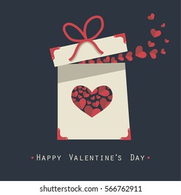 Cover design.The white gift box with red heart on it,a lots of red little hearts and the phrase happy valentine' s day on the grey background