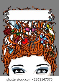 Cover design for women's book. In red hair of beautiful girl female attributes, shoes, phone ,glasses, roses, butterfly, nail polish. 90s, sketch, doodle style.