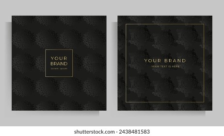 Diseño de la cubierta para su menú, invitación de boda, tarjeta, carpeta, bloc de notas. Elegante estampado floral en negro y dorado. Conjunto de plantillas de formato cuadrado. Ilustración vectorial.