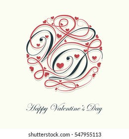 Cover design.Decorated letters V and D with a lots of little hearts on the white background and the phrase happy Valentine's Day in the bottom of the image.
