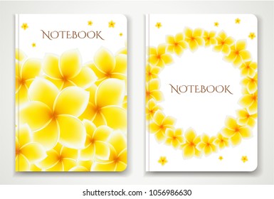 Cover designI of Notebook/ Planner with isolated Frangipani / plumeria flowers. Vector illustration on white background used foe book cover, brochure, booklet