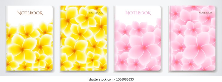 Cover designI of Notebook/ Planner with isolated Frangipani / plumeria flowers. Vector illustration on white background used foe book cover, brochure, booklet