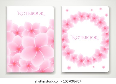 Cover designI of Notebook/ Planner with isolated Frangipani / plumeria flowers. Vector illustration on white background used foe book cover, brochure, booklet