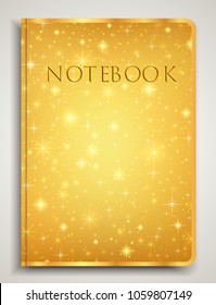 Cover designI of Notebook/ Planner with isolated sparkling twinkling Stars texture on abstract Gold background. Vector used for book cover, brochure, booklet