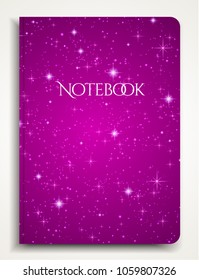 Cover designI of Notebook/ Planner with isolated sparkling twinkling Stars texture on abstract purple background. Vector used for book cover, brochure, booklet