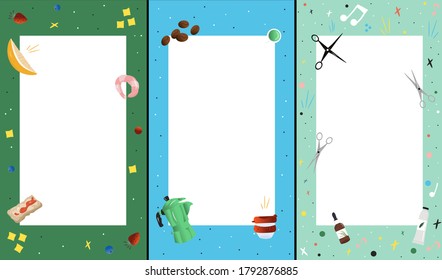 Cover designs in cartoon style for brochures, stories, applications. Vector flat set of cover designs with things from cafes, beauty salons and coffee houses. Set of backgrounds with place for text.