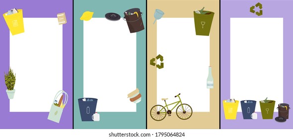 Cover designs in cartoon style for brochures, stories, applications. Vector flat set of cover designs on the topic of zero waste. Set of backgrounds with place for text.