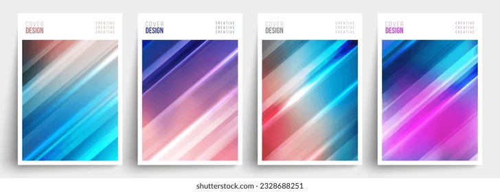 Diseños de portada. Luces brillantes. Conjunto de fondos abstractos futuristas con gradientes dinámicos brillantes. Plantillas gráficas borrosas con colores fluidos vibrantes. Ilustración vectorial.