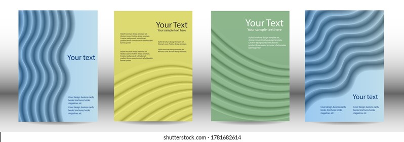 Cover designs set. Background with abstract volumetric gradient of linear waves, fabric folds for creating a trendy banner, poster.