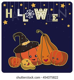 Cover design.Smiling pumpkins,stars and the word halloween on the dark background.