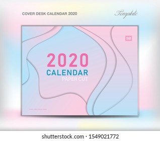 Cover Desk Calendar 2020 template on paper cut abstract background, Cover Design, flyer template, annual report, brochure, booklet, book cover, wave background, trendy pastel color, creative idea