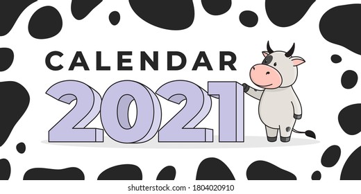 Cover of the desktop calendar for 2021. A cute spotted white cow or bull holds the numbers 2021. 2021 is the year of the ox in the Eastern or Chinese calendar. Vector stock flat ready-to-print