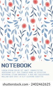 cover for a diary with a floral theme. cover for a school notebook or sketchbook with blue leaves and red flowers