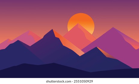 La cubierta muestra una vibrante salida del sol arrojando luz sobre las imponentes montañas, evocando una sensación de tranquilidad y Ilustración vectorial plana