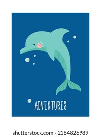 Cover with dolphin. Poster or banner with representatives of underwater world. Sea animal in water with inscription adventure, ocean. Wild and marine life concept. Cartoon flat vector illustration