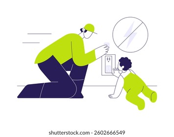 Cover electrical outlets abstract concept vector illustration. Professional contractor installs electrical outlets covers, baby proofing industry, toddler care, toddler safety abstract metaphor.