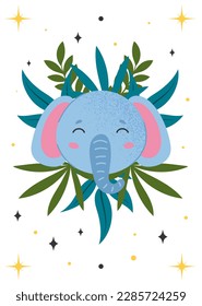 Cover with elephant. Large animal with ears and trunk against background of grass and stars. Predator and mammal. Wild life and African Savannah. Cartoon flat vector illustration