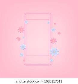 Cover with empty phone frame and flowers. Pink background. Elements for Graphic Design - Banner, Poster, Flyer, Brochure, Card. Vector illustration.
