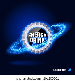 Cover energy drink surrounded by a stream of blue energy in the space