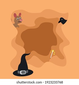 cover for fantasy children's story, witches, crow, pig. With digital paper cut technique